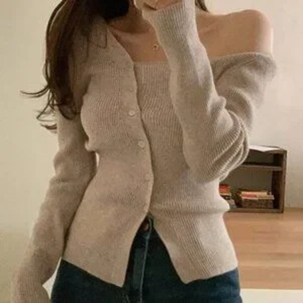 Mocha Brown Casual Womens Solid Asymmetrical Neck Button Through Ribbed Knit Ca